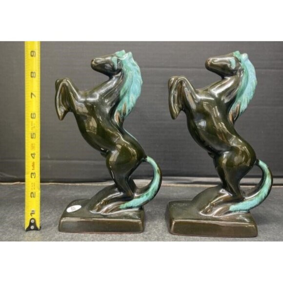 Pair Of Blue Mountain Pottery Rearing Horse Book Ends. Beautiful Blue/Aqua Hue! - Picture 3 of 4